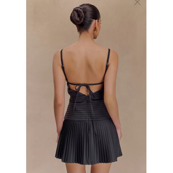 Meshki Rylee Multi Pleat Mini Dress Charcoal Size Large, Structured Satin Corset - Picture 2 of 7